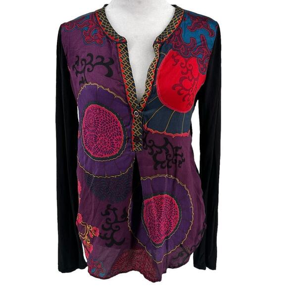 Hale Bob Womens Floral Knitted Top Silk Long Sleeve Henley Neck Purple Red Small - Picture 1 of 12